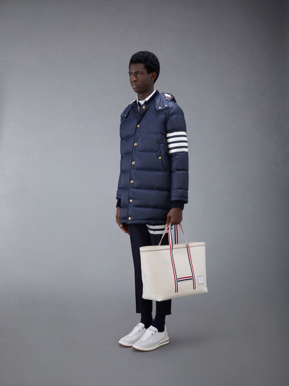 Bolsas Tote Thom Browne Canvas Stripe Medium Tool Masculino Branco | FQE74K06632