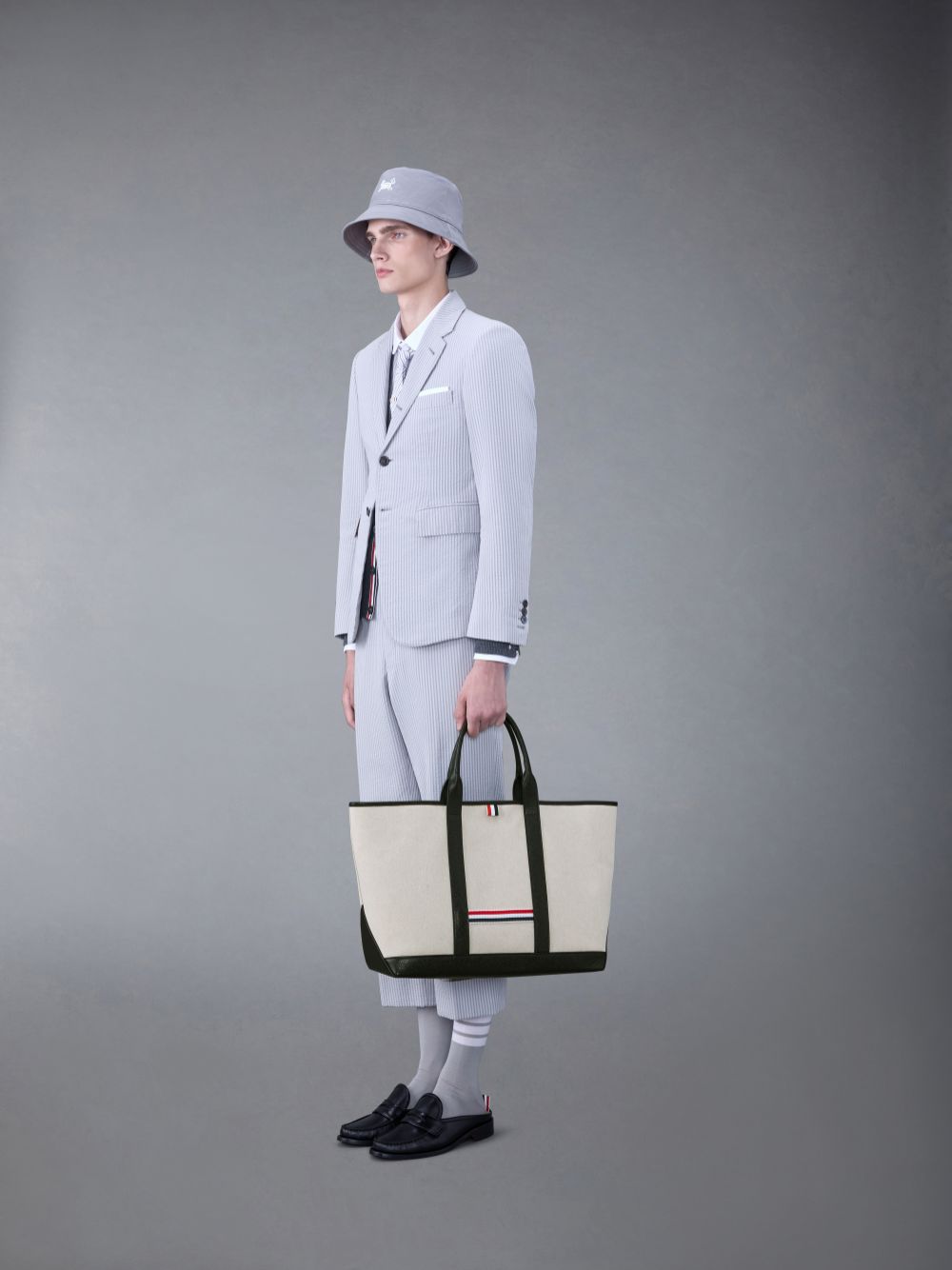 Bolsas Tote Thom Browne Cotton Canvas Leather Medium Tool Masculino Bege | NHD09Y41101