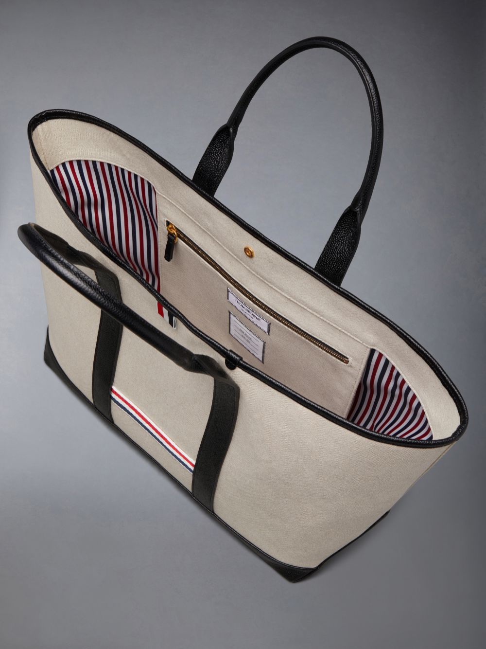 Bolsas Tote Thom Browne Cotton Canvas Leather Medium Tool Masculino Bege | NHD09Y41101