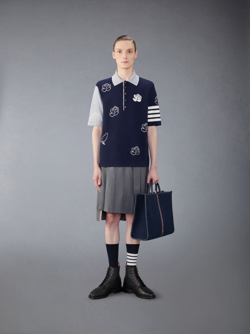 Camisa Polo Thom Browne Funmix Cotton 4-Bar Rose and Raven Masculino Azuis | FXN05X23369