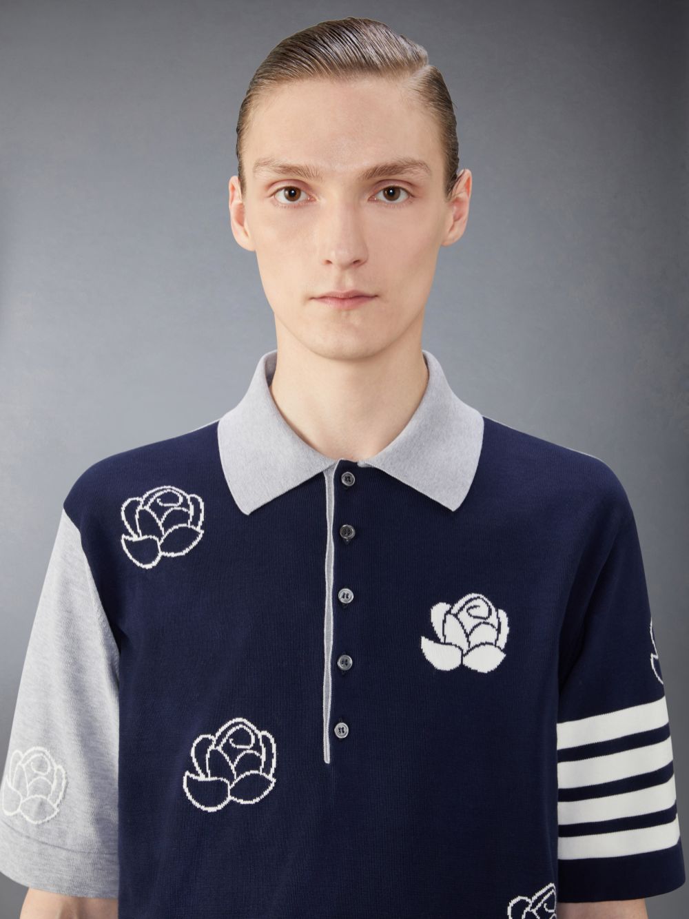 Camisa Polo Thom Browne Funmix Cotton 4-Bar Rose and Raven Masculino Azuis | FXN05X23369