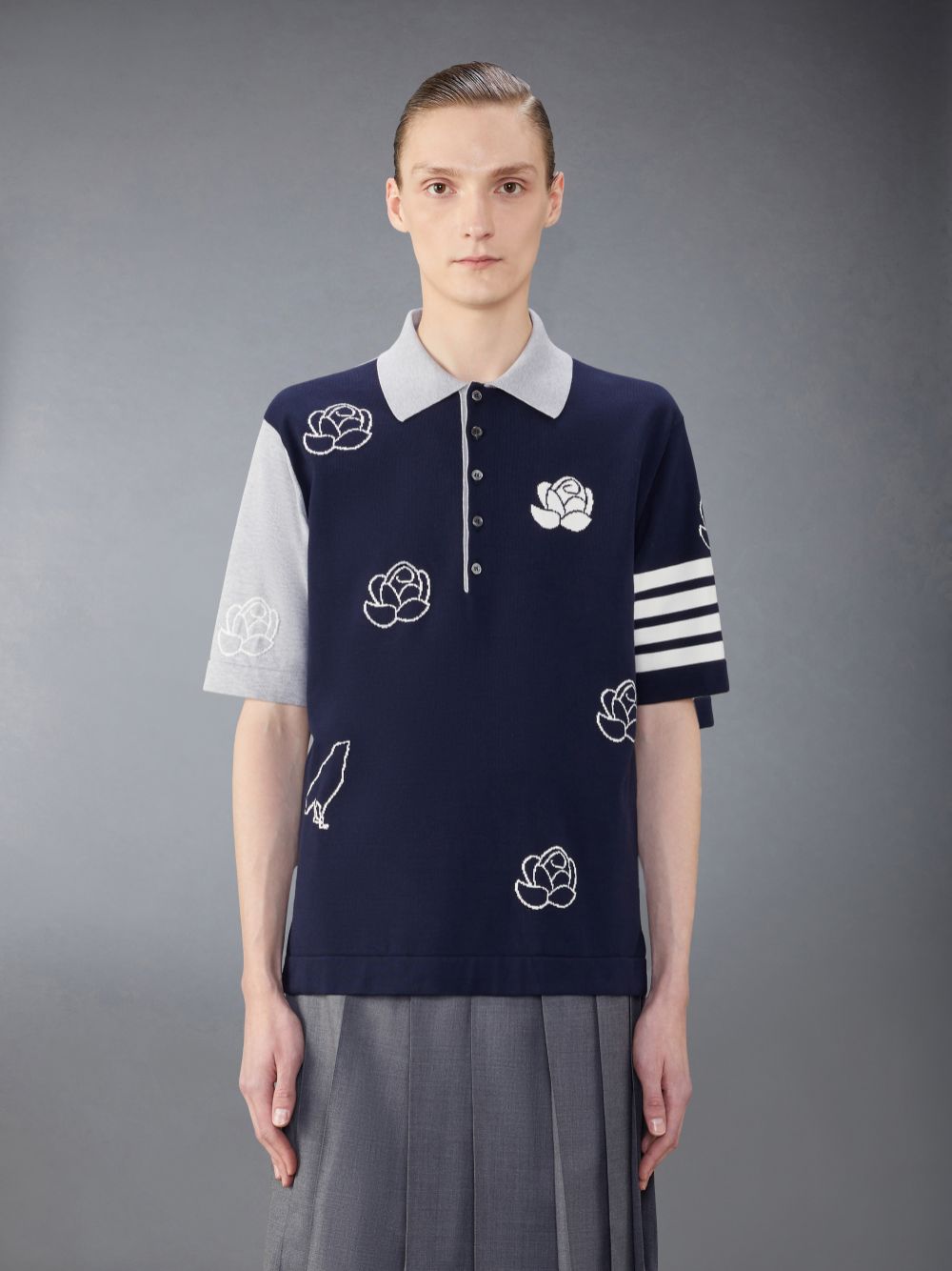 Camisa Polo Thom Browne Funmix Cotton 4-Bar Rose and Raven Masculino Azuis | FXN05X23369