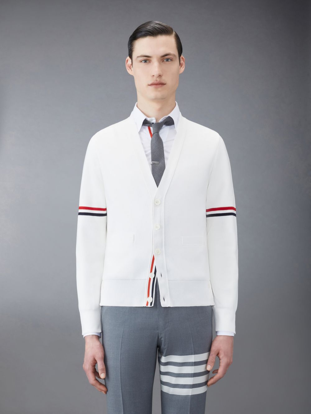 Cardigan Thom Browne Cotton Milano V-Neck Masculino Branco | TZT60A14157