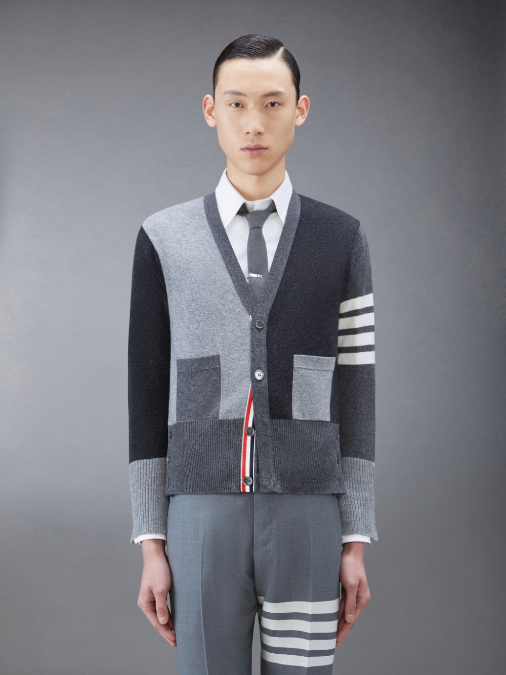 Cardigan Thom Browne Funmix Cashmere 4-Bar V-Neck Masculino Cinzentas | KWU02L60081