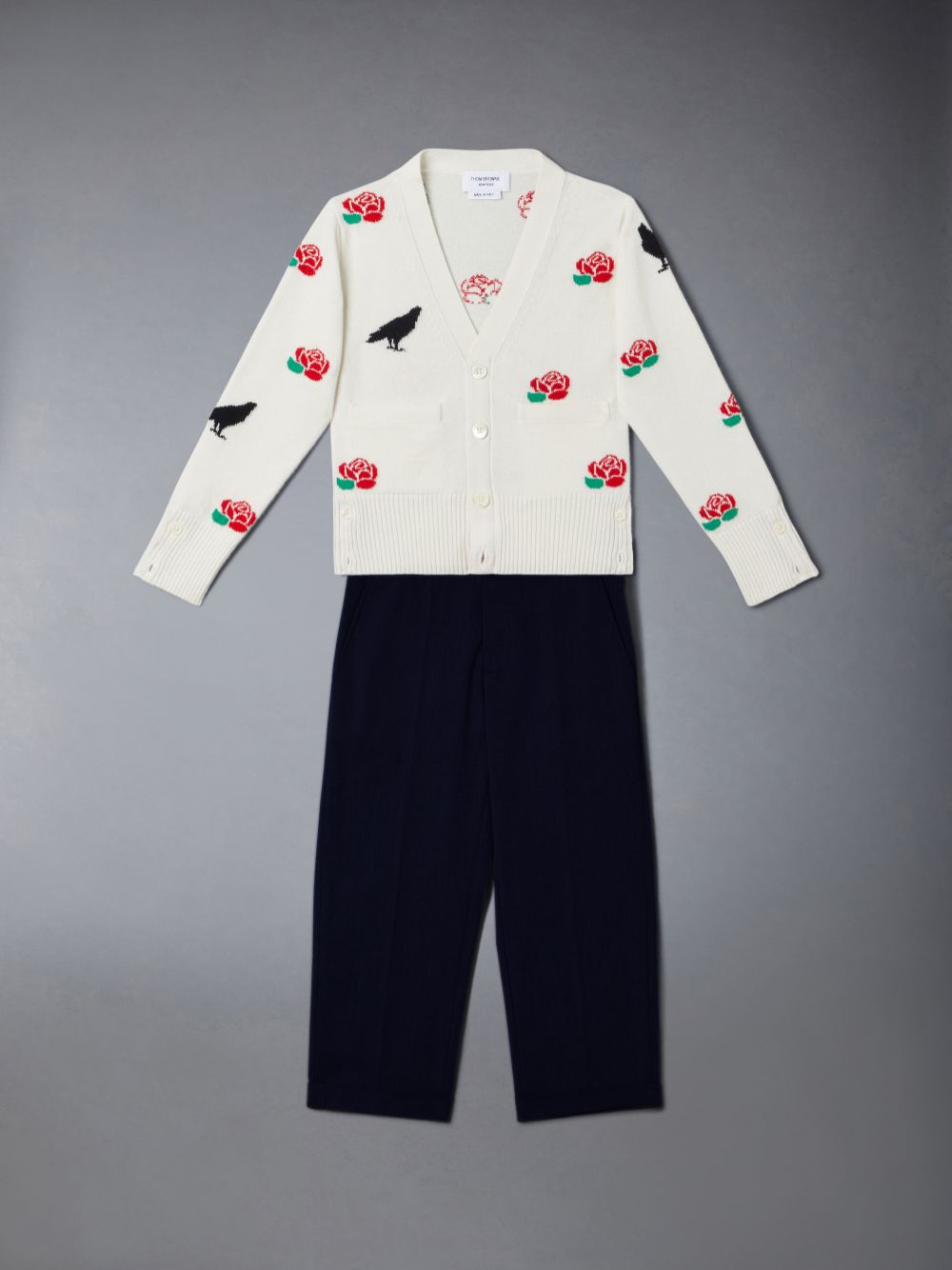 Cardigan Thom Browne Merino Wool Rose and Raven Menino Branco | BJV75G47879