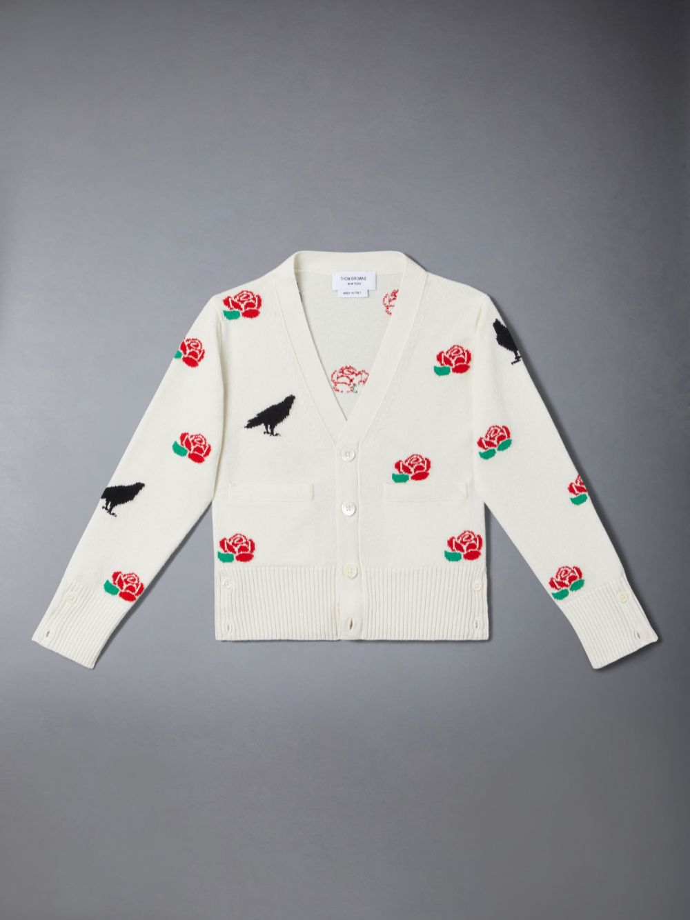 Cardigan Thom Browne Merino Wool Rose and Raven Menino Branco | BJV75G47879