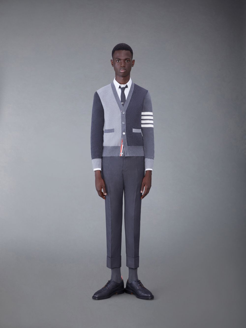 Cardigan Thom Browne Tonal Cotton V-Neck 4-Bar Masculino Cinzentas | ROG52E87989