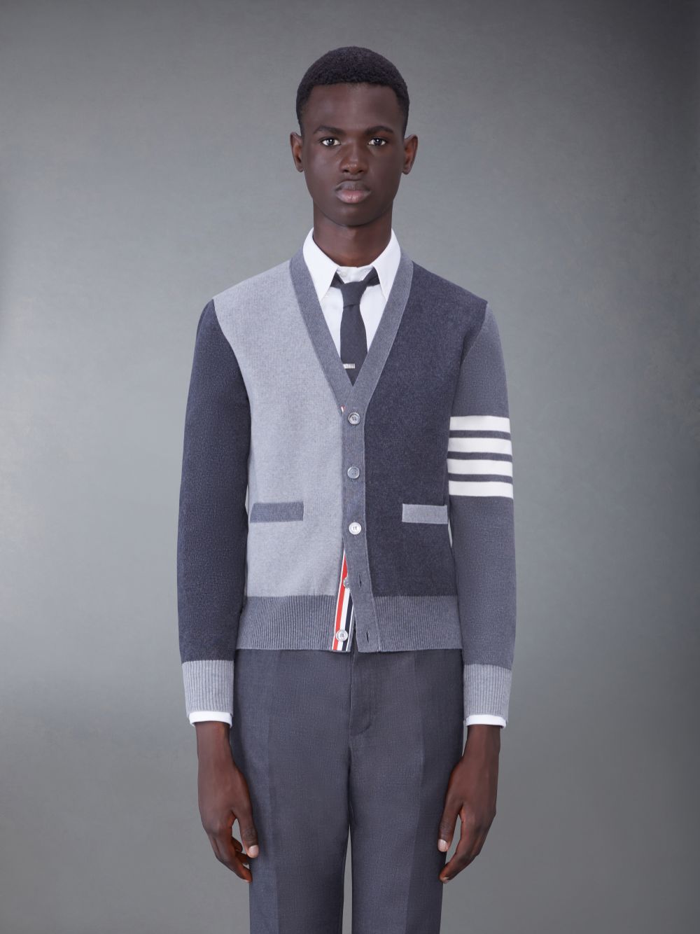 Cardigan Thom Browne Tonal Cotton V-Neck 4-Bar Masculino Cinzentas | ROG52E87989
