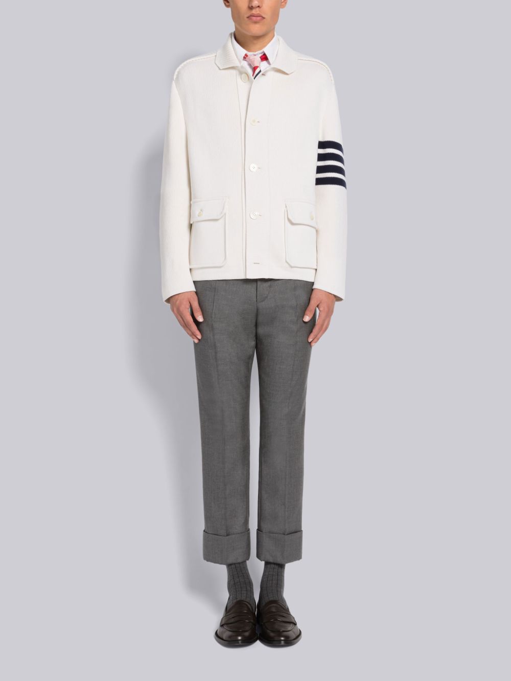 Casacos Thom Browne INTERLOCK STITCH COTTON CASHMERE 4-BAR POLO COLLAR Masculino Branco | MWJ17M02470
