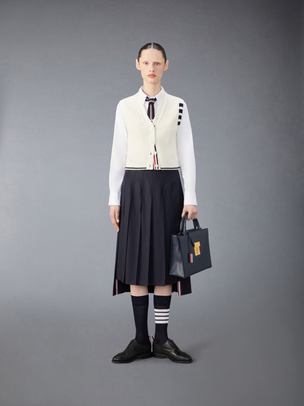 Colete Thom Browne Merino Wool 4-Bar Cropped Cable Cardigan Feminino Branco | XOS49B01794