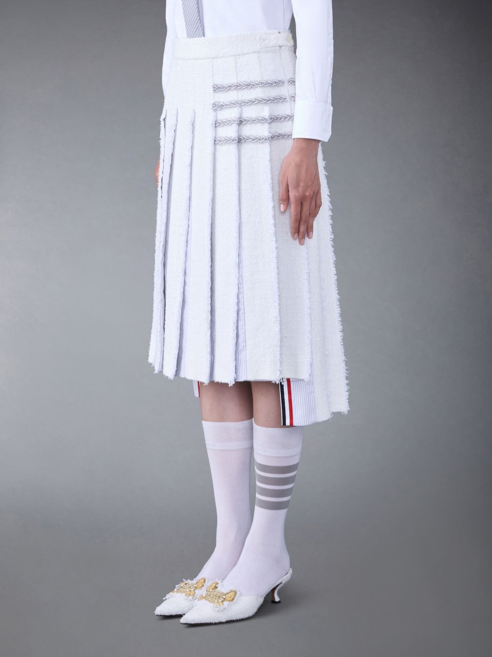 Saias Thom Browne Classic Tweed Braided Tipping Pleated Feminino Branco | CWF57S80731