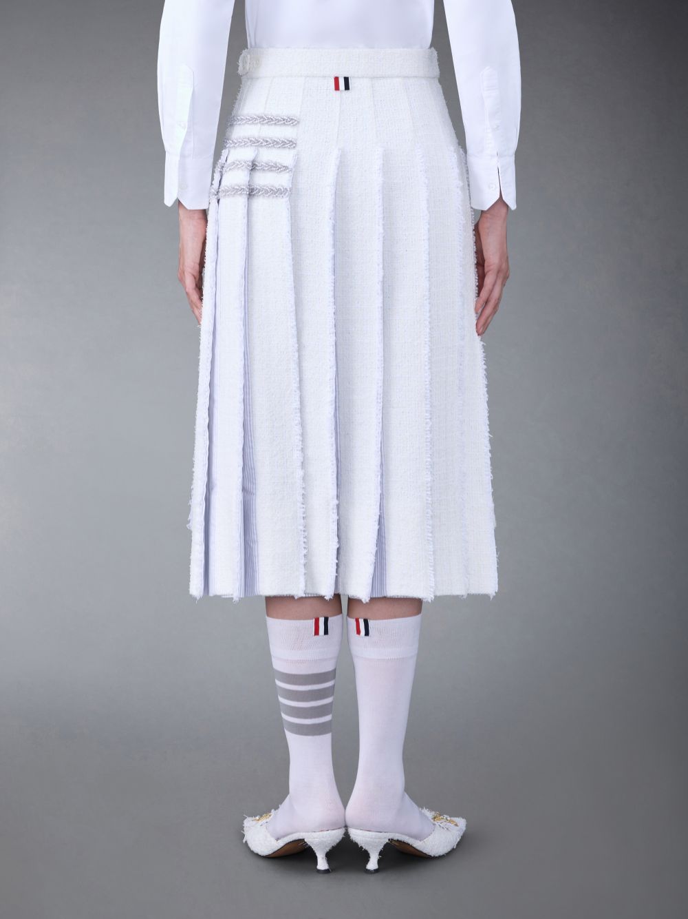Saias Thom Browne Classic Tweed Braided Tipping Pleated Feminino Branco | CWF57S80731