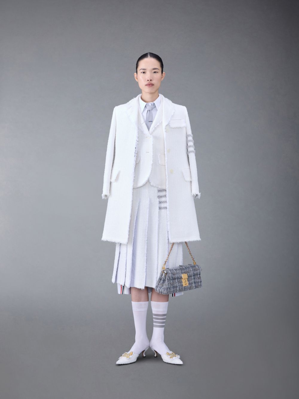Saias Thom Browne Classic Tweed Braided Tipping Pleated Feminino Branco | CWF57S80731