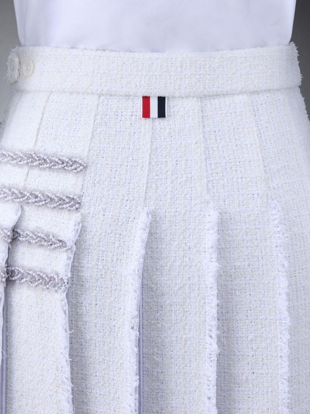 Saias Thom Browne Classic Tweed Braided Tipping Pleated Feminino Branco | CWF57S80731