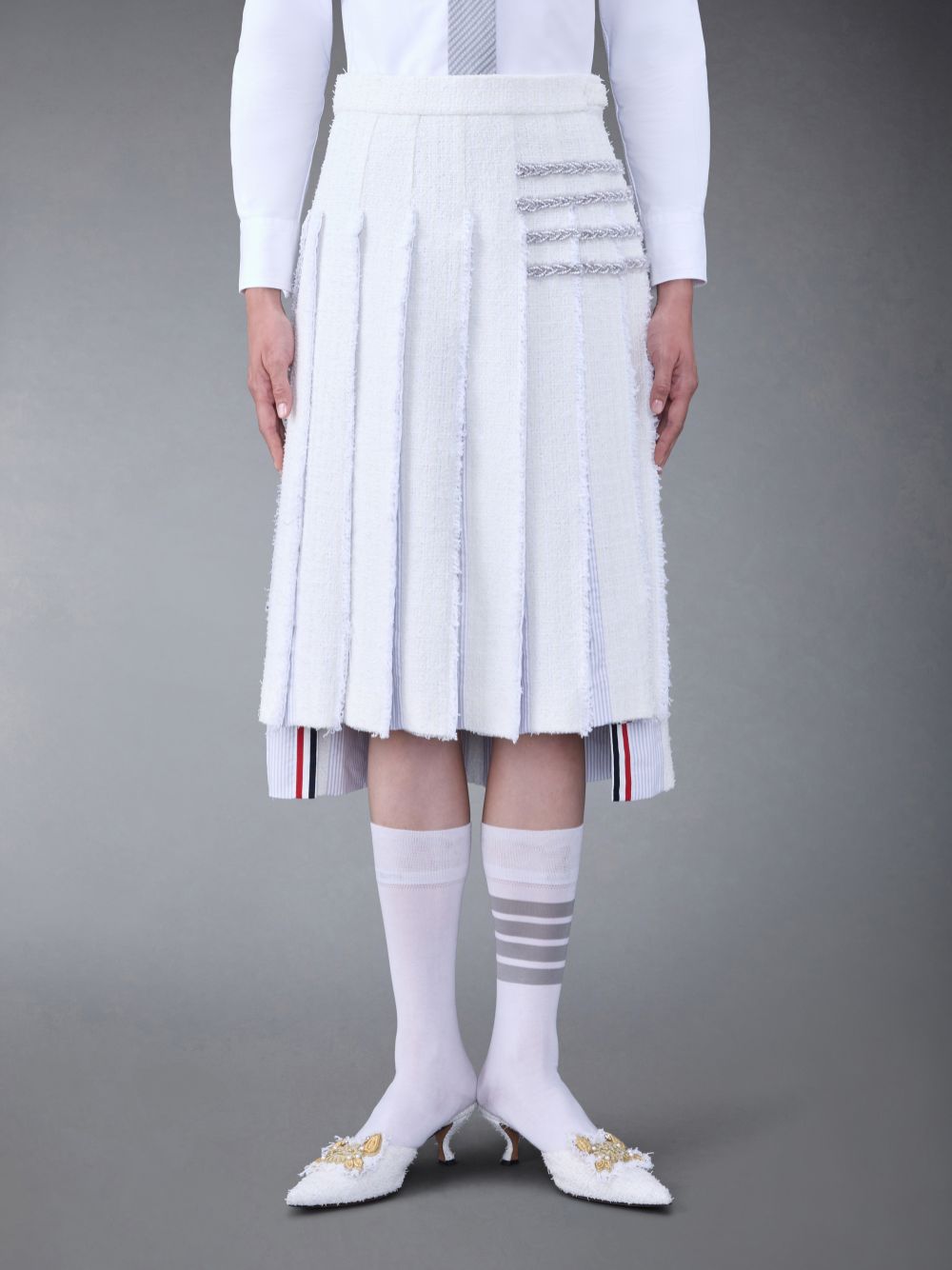 Saias Thom Browne Classic Tweed Braided Tipping Pleated Feminino Branco | CWF57S80731