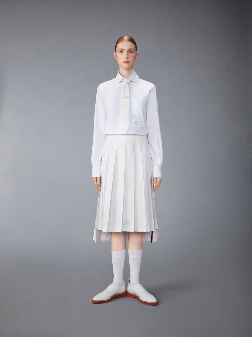 Saias Thom Browne Typewriter Self Tipping Midi Pleated Feminino Branco | UDE17R90615