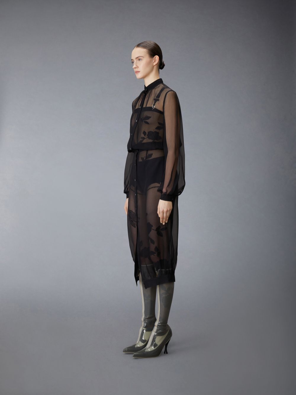 Vestido Thom Browne Chiffon Button Placket Hobble Feminino Pretas | HHI09I98311