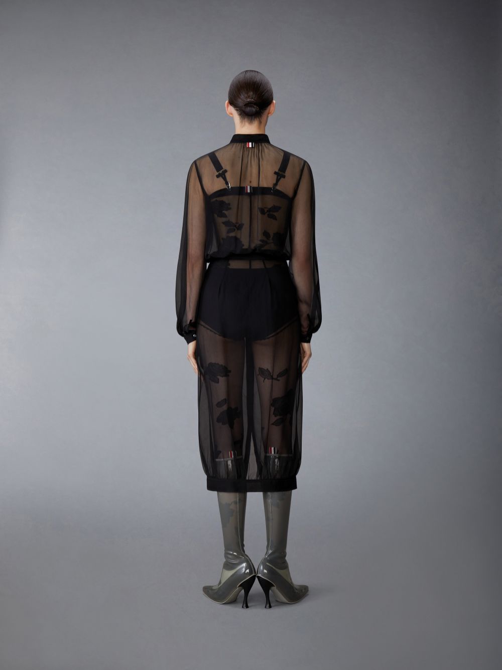 Vestido Thom Browne Chiffon Button Placket Hobble Feminino Pretas | HHI09I98311