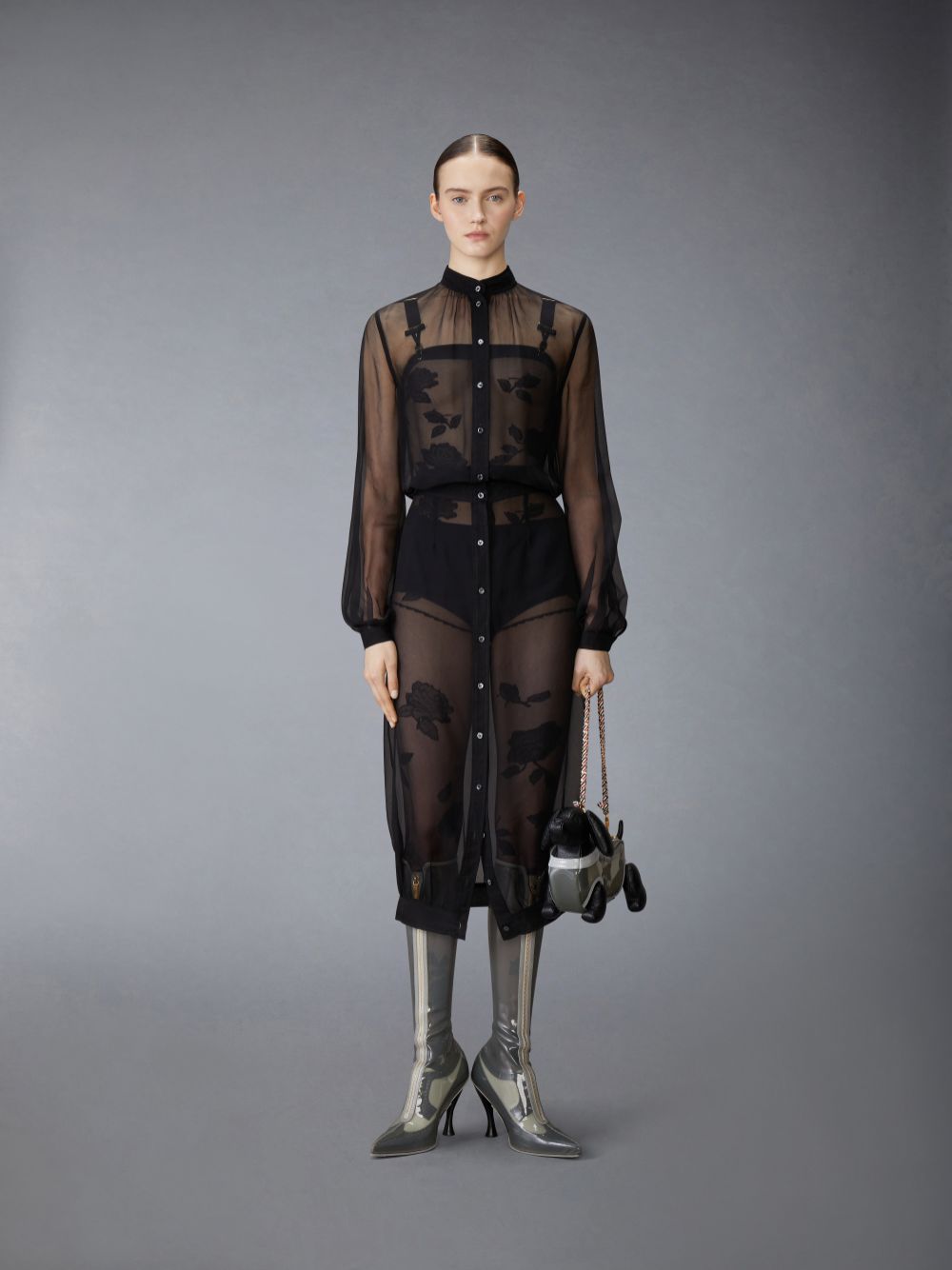 Vestido Thom Browne Chiffon Button Placket Hobble Feminino Pretas | HHI09I98311