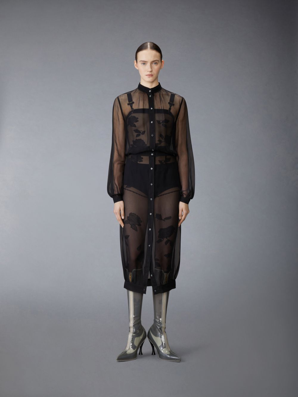 Vestido Thom Browne Chiffon Button Placket Hobble Feminino Pretas | HHI09I98311